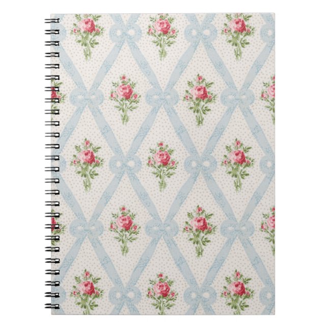 Caderno Espiral Rosas Victorianas cor-de-rosa com Fita Azul (Frente)