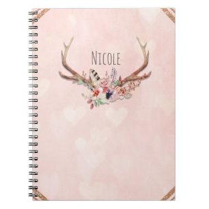 Caderno Espiral Rose Blush Rosa Floral Veado Antílope Boho Chic