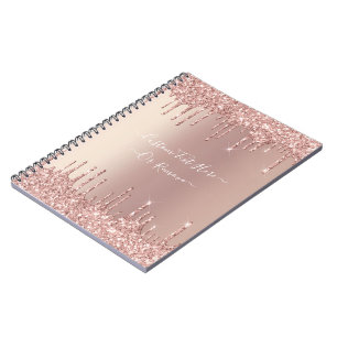 Caderno Espiral Rose Gold Blush Glitter Sparkle Drips Custom Text