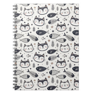 Caderno Espiral Rosto de Gato Fofo e Padrão de Espinhas de Peixe -