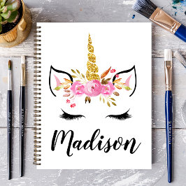 Caderno Espiral Rosto de Unicórnio Com Cílios Nome Personalizado