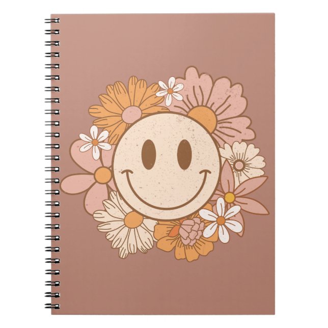 Caderno Espiral Rosto Feliz de Boho Retroativo, Floral de Blush Cu (Frente)