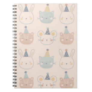 Caderno Espiral Rostos de Gatos Coelhinhos e Ursos Padrão Pastel