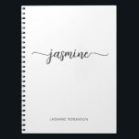 Caderno Espiral Rótulo de Nome com Monograma Feminino Branco Minim<br><div class="desc">Caderno personalizado minimalista feminino simples e limpo com nome monogramado em letra de forma cursiva. Este design apresenta seu primeiro nome em uma linda tipografia de letra manuscrita com cauda ornamentada, com o nome completo em um fundo branco. São fáceis de personalizar e podem ser usados como Livro de Receitas,...</div>