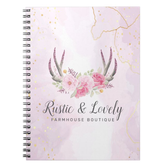 Caderno Espiral Rouge Rosa Dourado Mármore Rústico Floral Galhadas (Frente)