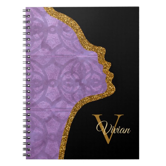 Caderno Espiral Roxa Maciça Preta E Dourada Face Luminosa (Frente)