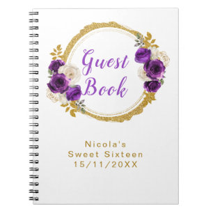 Caderno Espiral Roxo Escuro e Dourado Flor Elegante Sweet Sixteen
