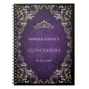 Caderno Espiral Roxo Roxo Dourada Princesa Tiara Quinceanera