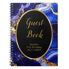 Caderno Espiral Royal Blue and Gold Marble Agate Birthday Party 