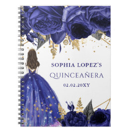 Caderno Espiral Royal Blue Gold Floral Princess Quinceanera   