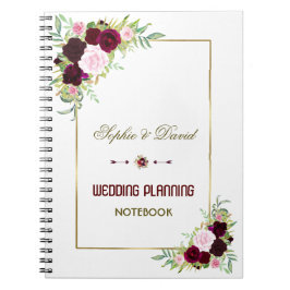 Caderno Espiral Royal Burgundy Marsala Planner Floral de Casamento
