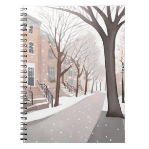 Caderno Espiral Rua de Brownstone Aquarela de Inverno Nevado