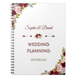 Caderno Espiral Rustic Burgundy Marsala Floral Planner