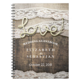 Caderno Espiral Rustic Country Wood Love Rope Casamento Guestbook