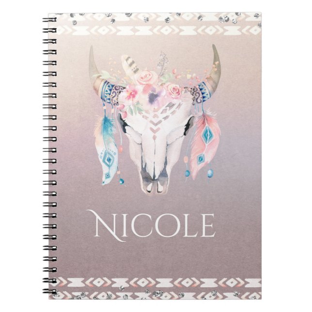 Caderno Espiral Rustic Glam Boho Floral Cow Skull Iridescente (Frente)