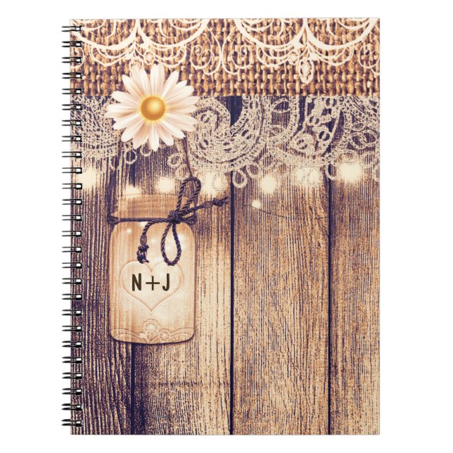 Caderno Espiral Rustic Lighted Mason Jars Daisies & Lace (Frente)