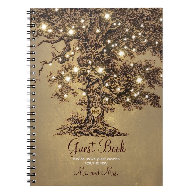Caderno Espiral Rustic Oak Tree String Luzes de Casamento Livro Co (Frente)