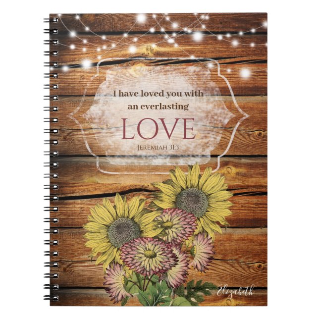 Caderno Espiral Rustic Sunflower Jeremiah 31:3 Verso de Bíblia (Frente)