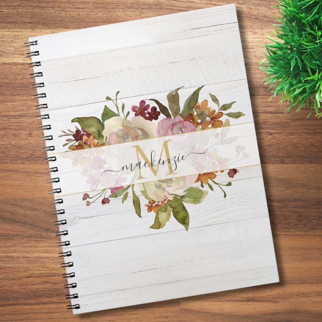 Caderno Espiral Rustic Watercolor Rose Bouquet Monogram (Criador carregado)