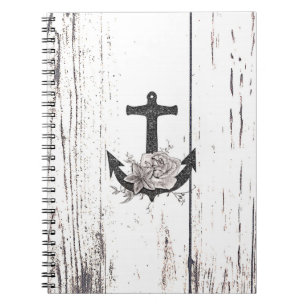 Caderno Espiral Rustic Wood Coastal Beach Anchor Vintage Floral