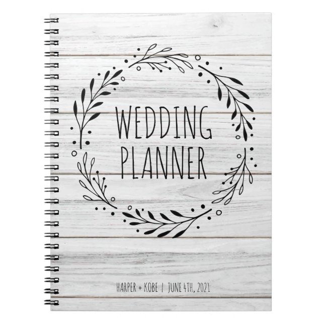 Caderno Espiral Rústico Casamento Planner Madeira e Wreath (Frente)