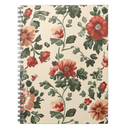 Caderno Espiral Rústico Jardim Bloom - Padrão Floral Vermelho Vint