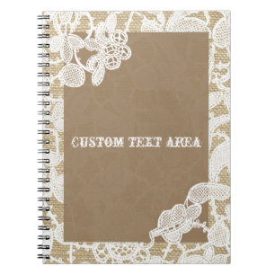 Caderno Espiral Saco de aniagem e renda floral branca diário rústi