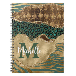 Caderno Espiral Safari de Glitter de Ágata Verde e Dourado Monogra