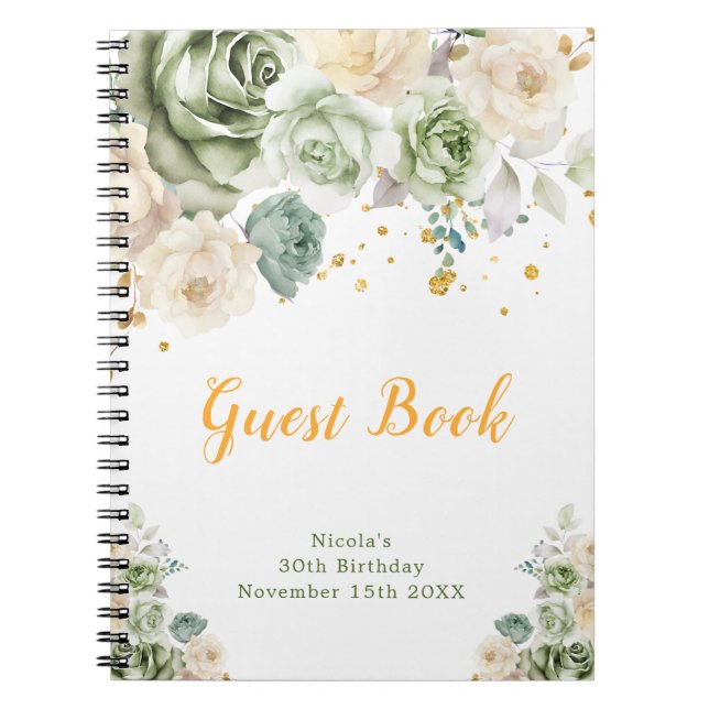 Caderno Espiral Sage Green and Cream Floral Birthday Guest Book (Frente)