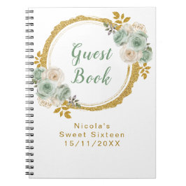 Caderno Espiral Sage Green and Gold Elegant Flowers Sweet Sixteen