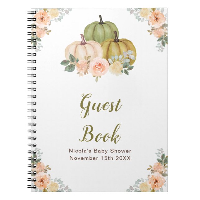 Caderno Espiral Sage Green and Peach Floral Pumpkins Baby Shower (Frente)