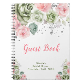 Caderno Espiral Sage Green and Pink Floral Bridal Guest Book