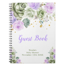 Caderno Espiral Sage Green and Purple Floral Baby Shower Guest 