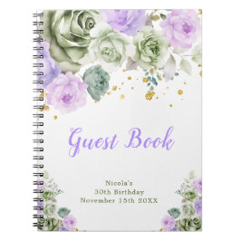 Caderno Espiral Sage Green and Purple Floral Birthday Guest Book