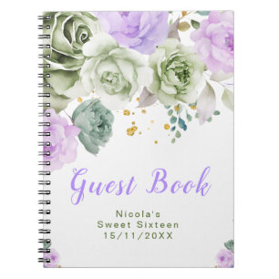 Caderno Espiral Sage Verde e Floral Roxo Sweet Sixteen