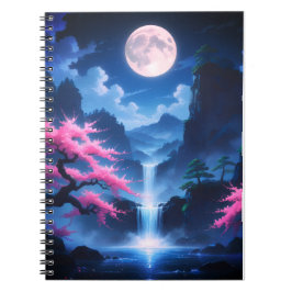Caderno Espiral Sakora tree-Moonlit Waterfall with Cherr-pink