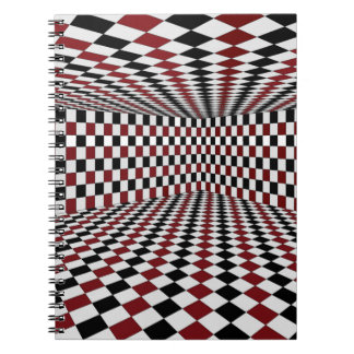 Caderno Espiral Sala Xadrez Vermelho Branco e Preto Ilusão Óptica