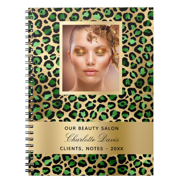 Caderno Espiral Salão de beleza esmeralda dourado leopardo (Frente)