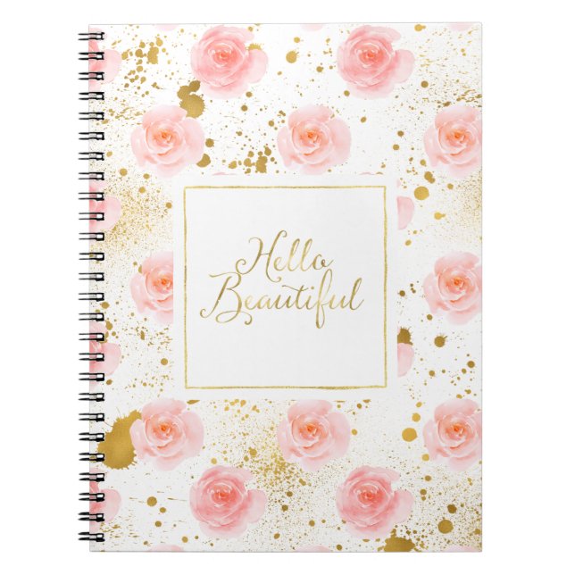 Caderno Espiral Salpicos Dourados Rosas Rosa Olá Linda (Frente)