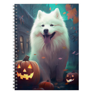 Caderno Espiral Samoyed de Halloween com Abóboras Assustador