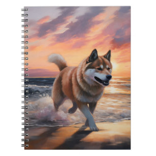 Caderno Espiral Sandy Paws Akita Dog em Beach Sunset
