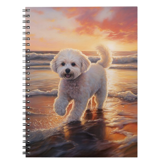 Caderno Espiral Sandy Paws Bichon Frise Dog em Beach Sunset (Frente)