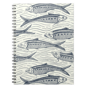 Caderno Espiral Sardinhas em Movimento em azul marinho e marfim