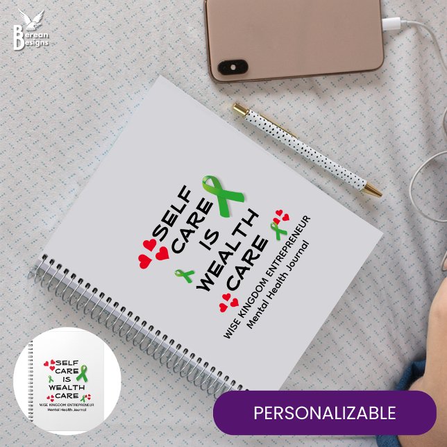 Caderno Espiral Saúde Mental AUTO CUIDADO RIQUEZA CUIDADO Cristão (Self care is wealth care mental health journal with CUSTOMIZABLE TEXT for busy entrepreneurs)