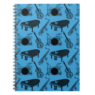 Caderno Espiral Saxofone Piano Baixo Bateria Músico de Jazz (Azul)