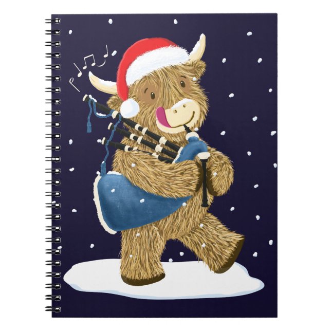 Caderno Espiral Scottish Highland Cow Christmas Piper (Frente)