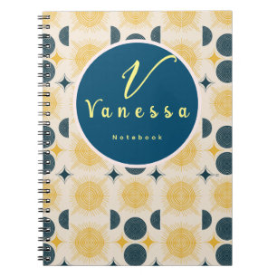 Caderno Espiral Script Boho Celestial Sun Moon Monograma