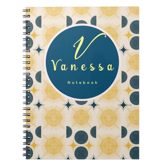 Caderno Espiral Script Boho Celestial Sun Moon Monograma (Frente)