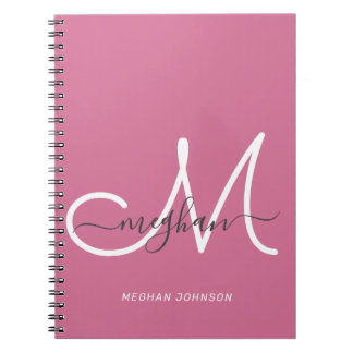 Caderno Espiral Script Branco Quente Rosa Quente Moderno Monograma