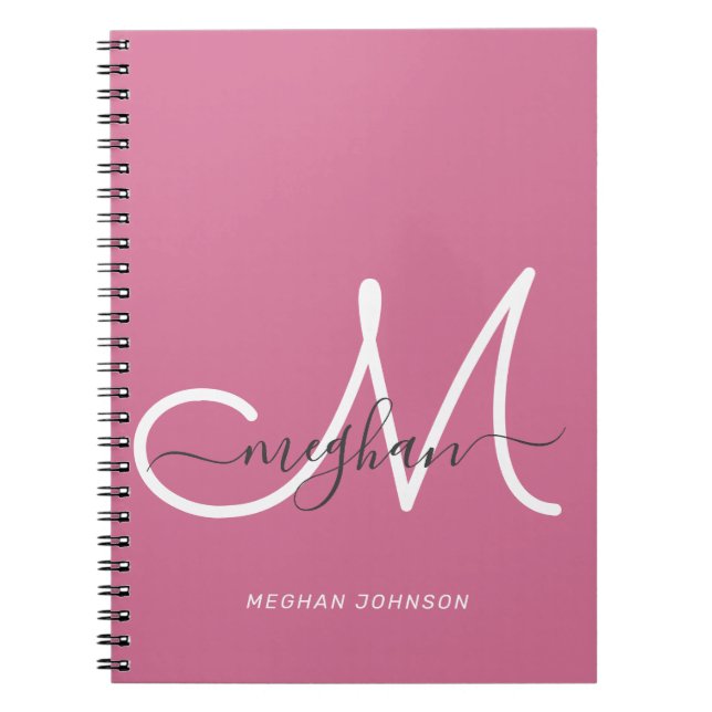 Caderno Espiral Script Branco Quente Rosa Quente Moderno Monograma (Frente)